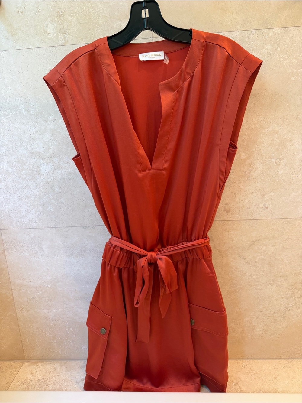 Ramy Brook Rust Red Satin Tie-Waist Dress